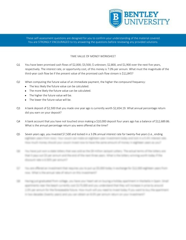 Worksheet on Time Value of Money