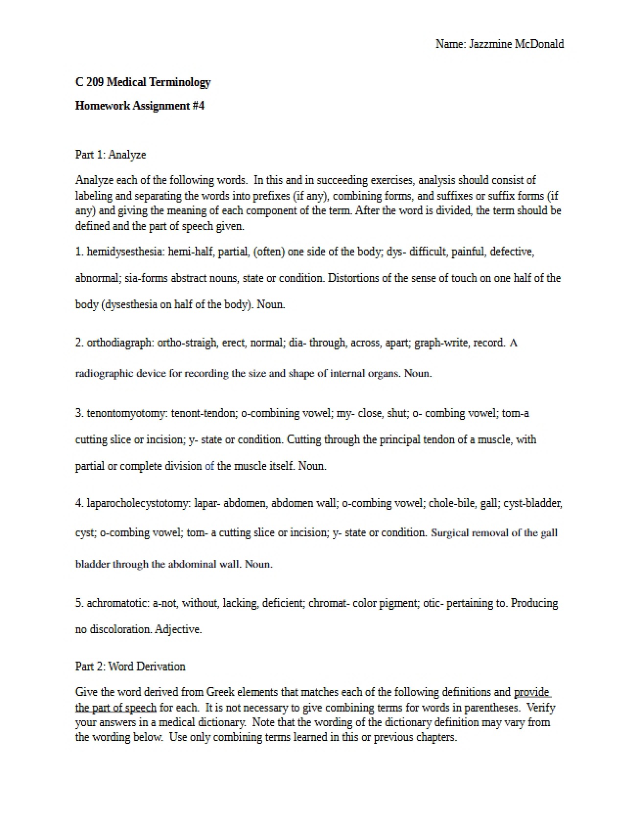Medical Terms Homework Four