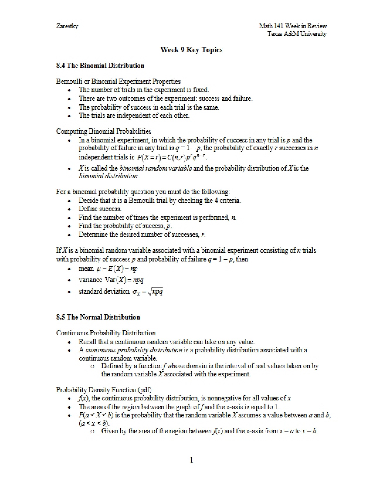 Math 141 Week in Review 9 Key Topics