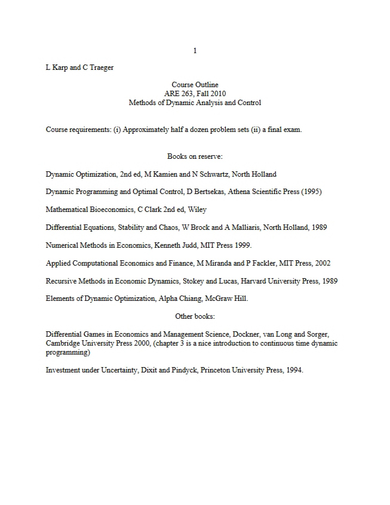 Syllabus for Dynamic Methods in Economics