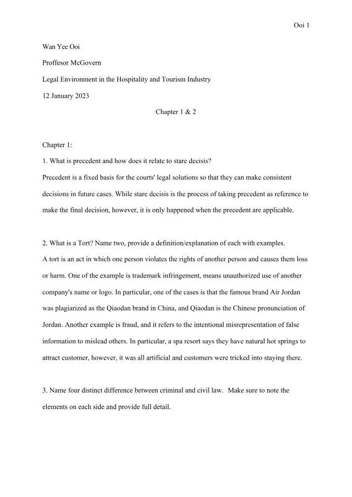 Tort Laws and Precedent in Hospitality