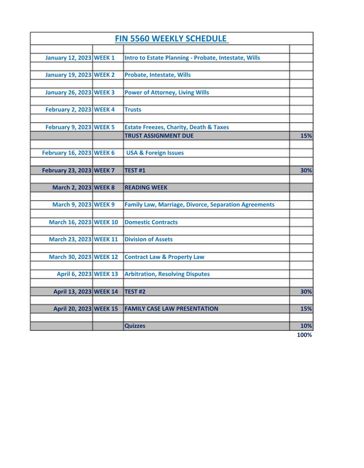 Weekly Schedule for FIN 5560