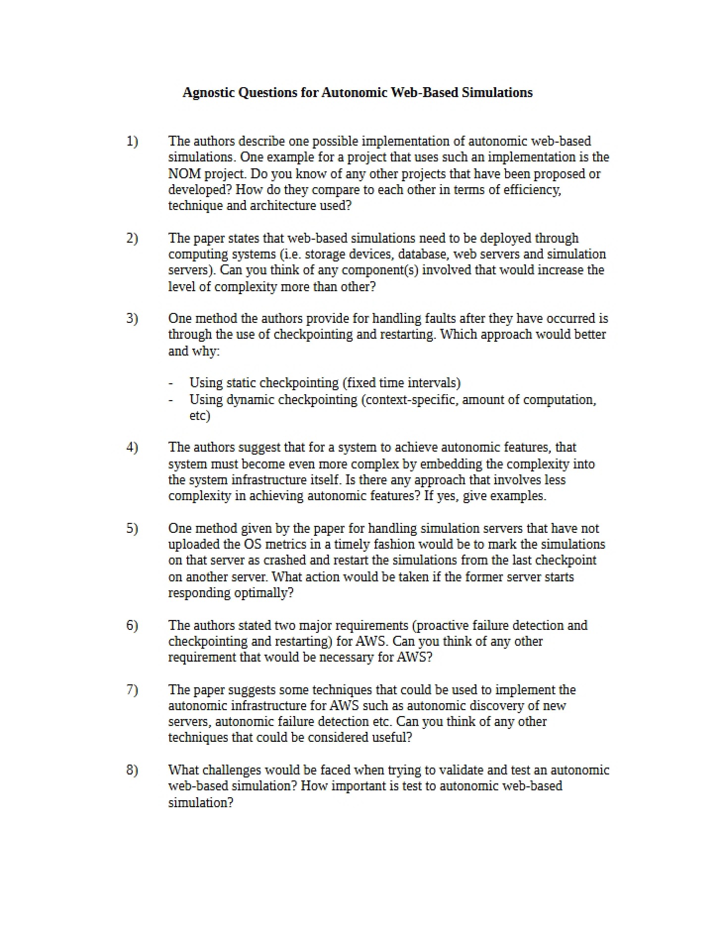 Autonomic Computing Research Challenges (Questions)
