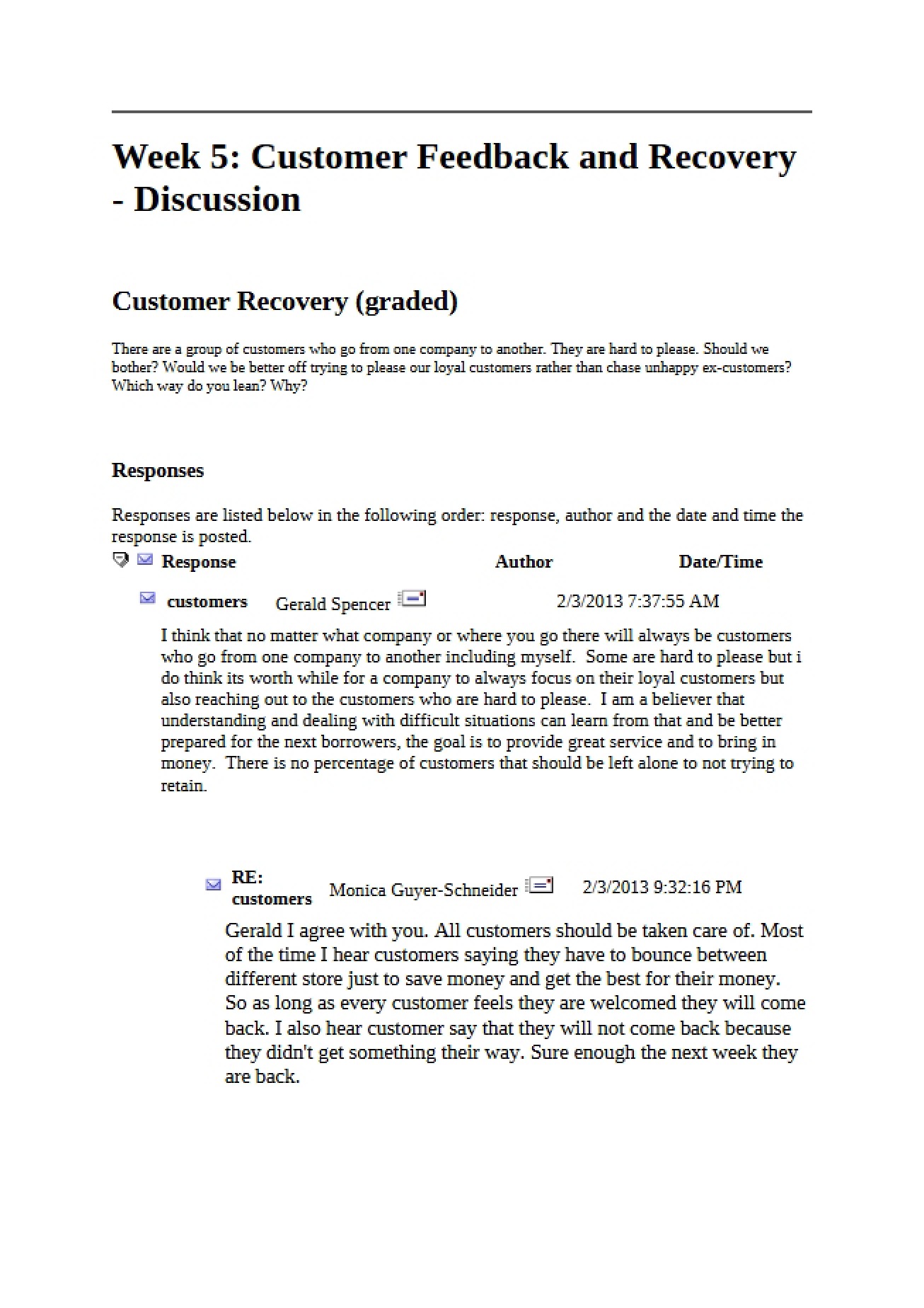 Discussion Recovery and Customer Feedback (Week 5)