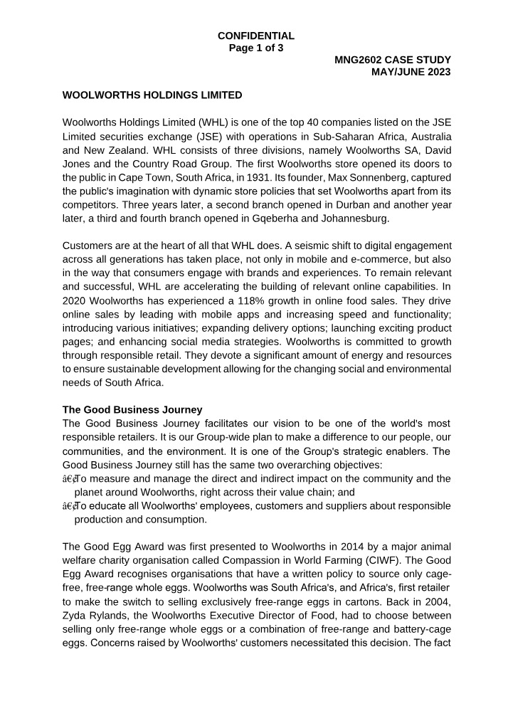 Woolworths Holdings Limited - Case Study on Sustainable Growth