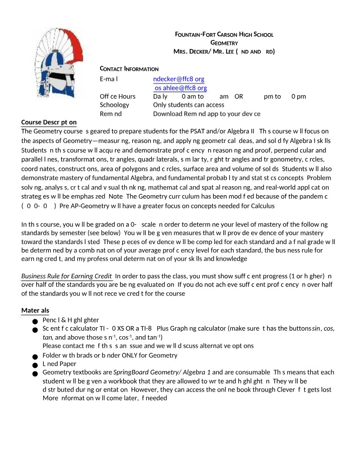 Geometry Course Information and Syllabus