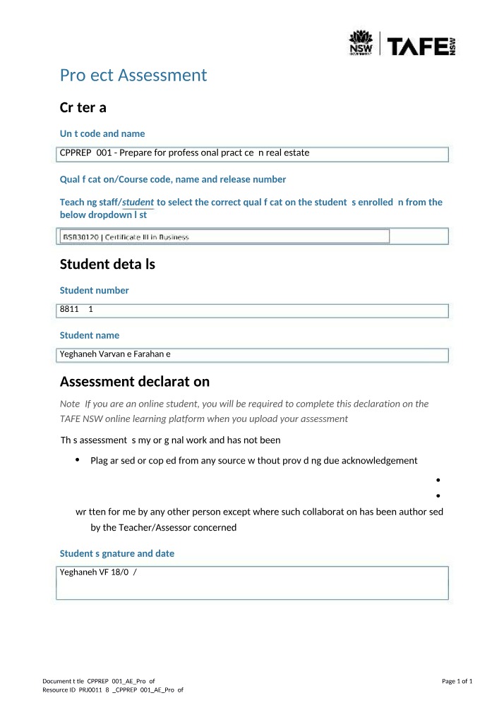 Assessment for CPPREP4001 Prepare for Professional Practice in Real Estate