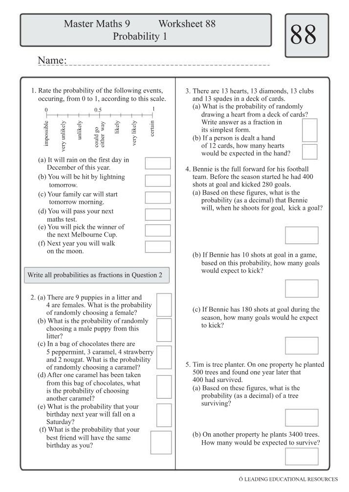 Master Maths 9 Worksheet 88 - Probability 1