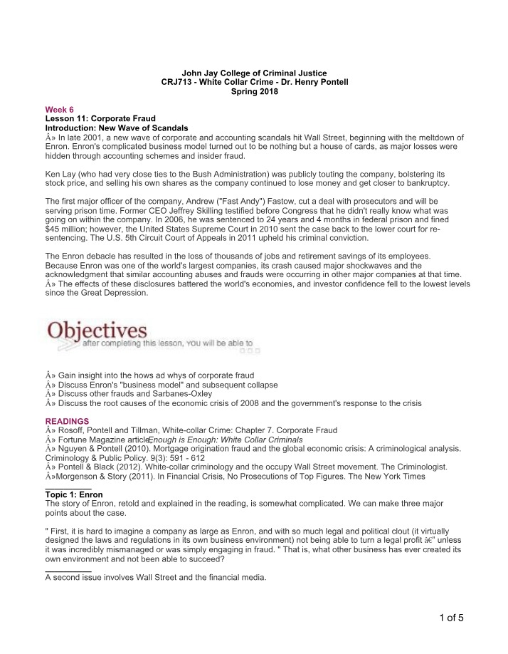 White Collar Crime Week 6 - Lessons 11 & 12