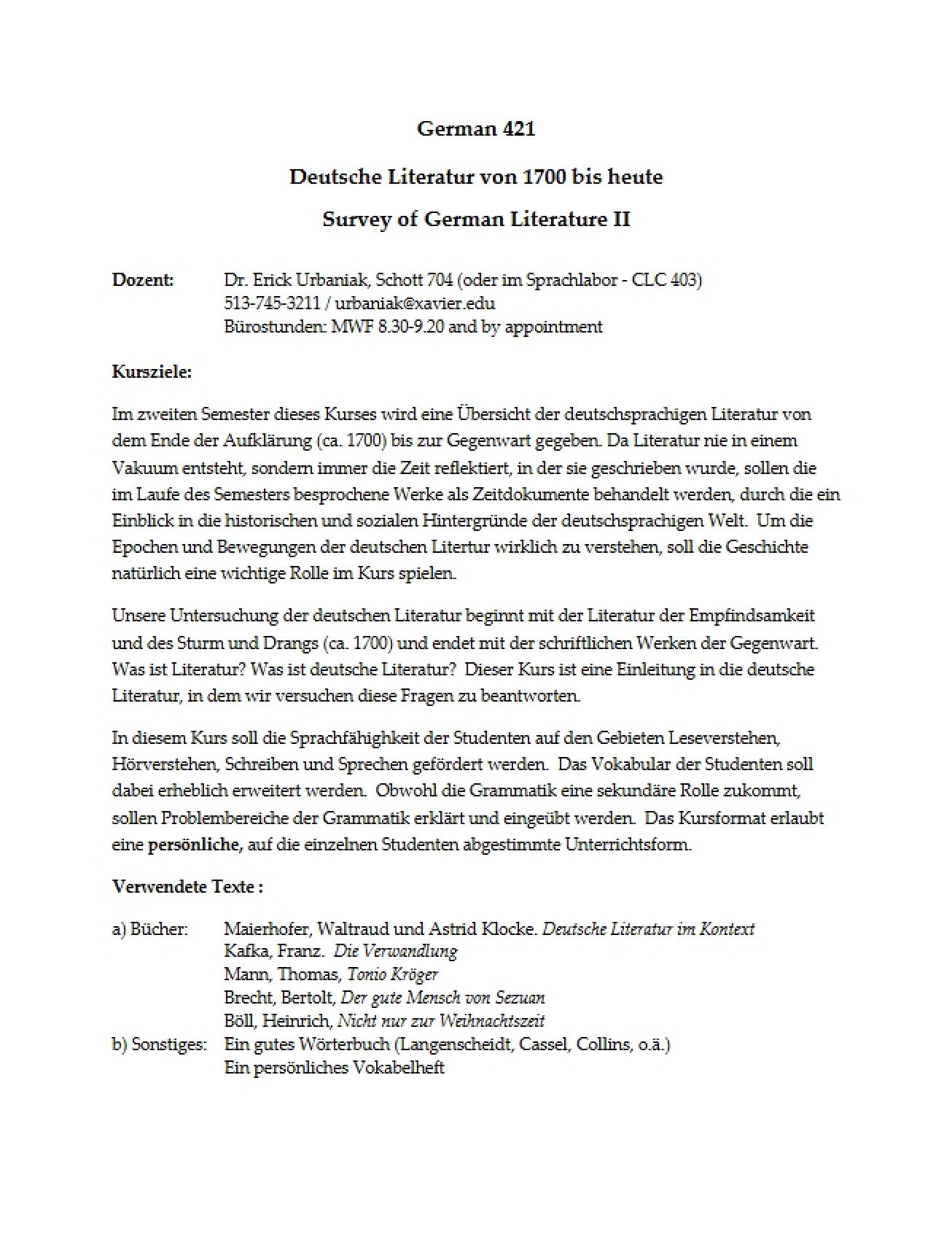 German Literature II Introduction