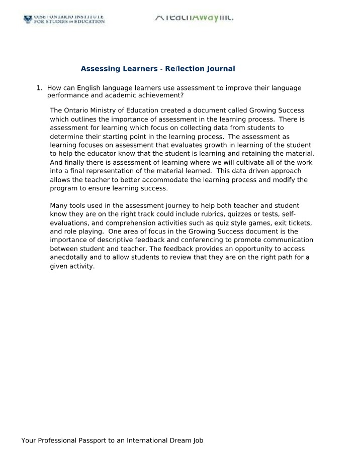 Reflection Journal - Assessing Learners