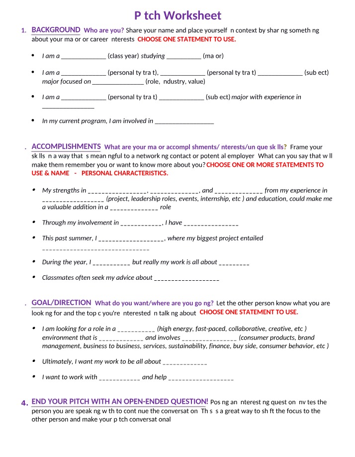 Worksheet for Pitching