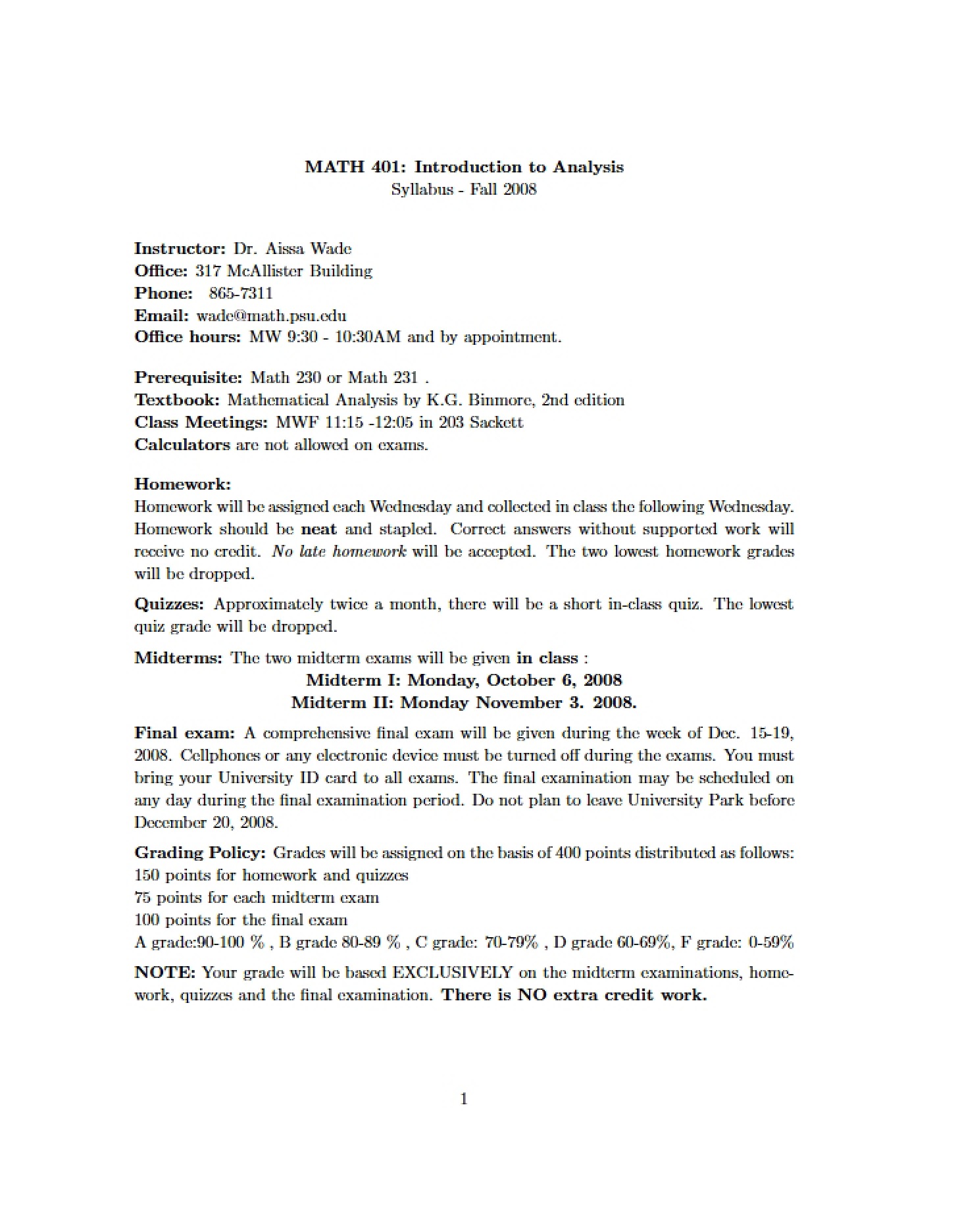 Math 401 Course Outline