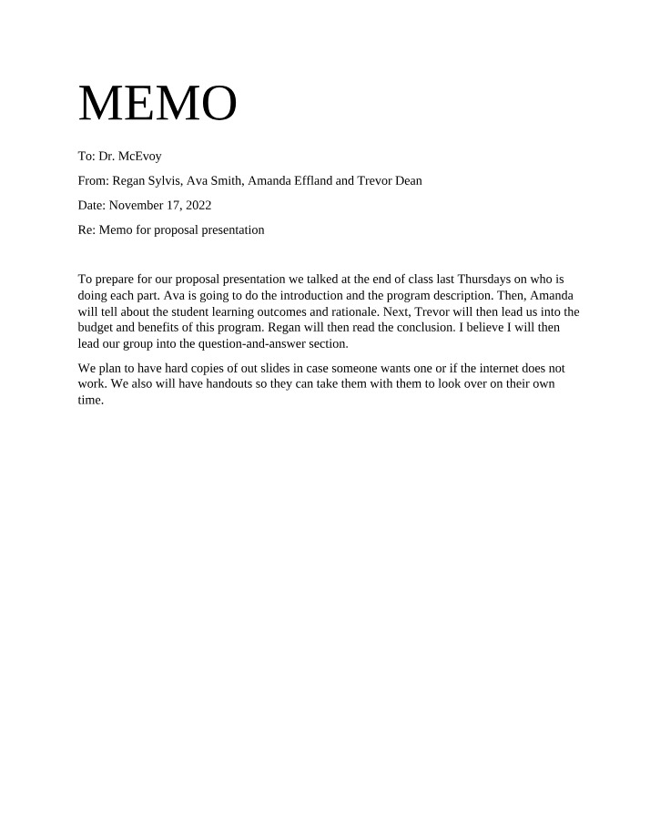 Proposal Presentation Preparation Memo