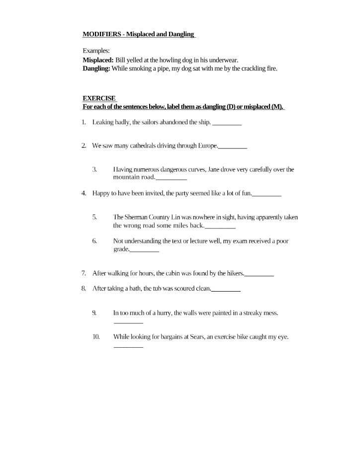 Misplaced and Dangling Modifiers - Examples and Exercises