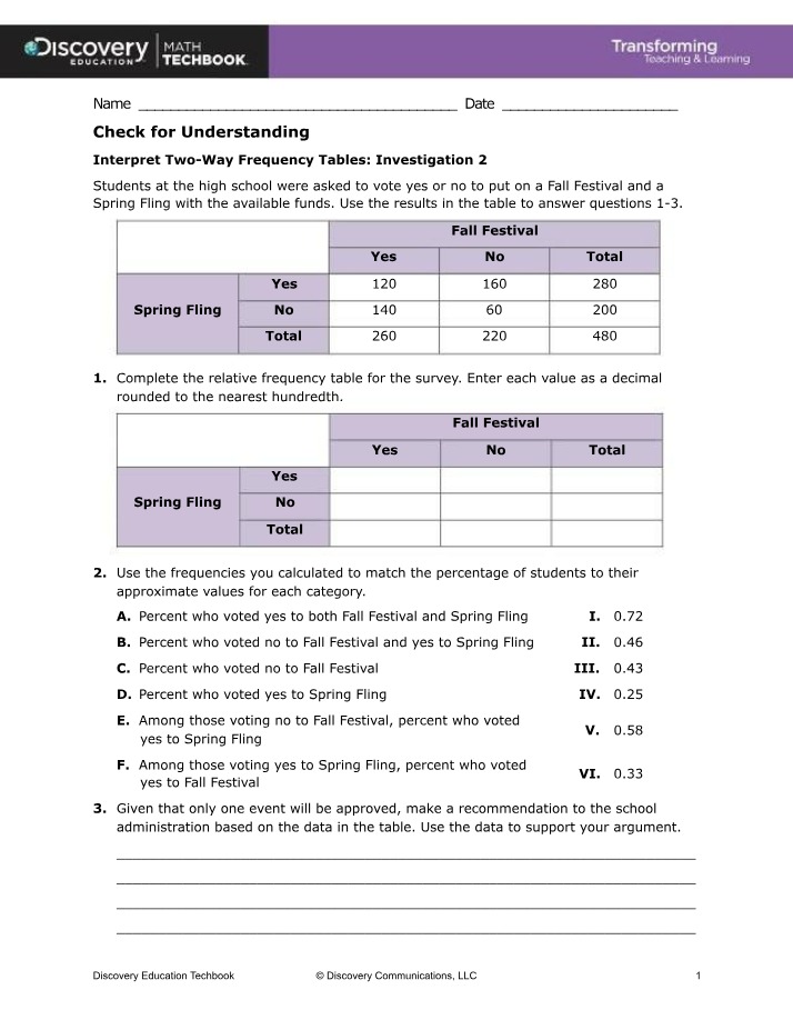 Investigation 2 - Two-Way Frequency Tables