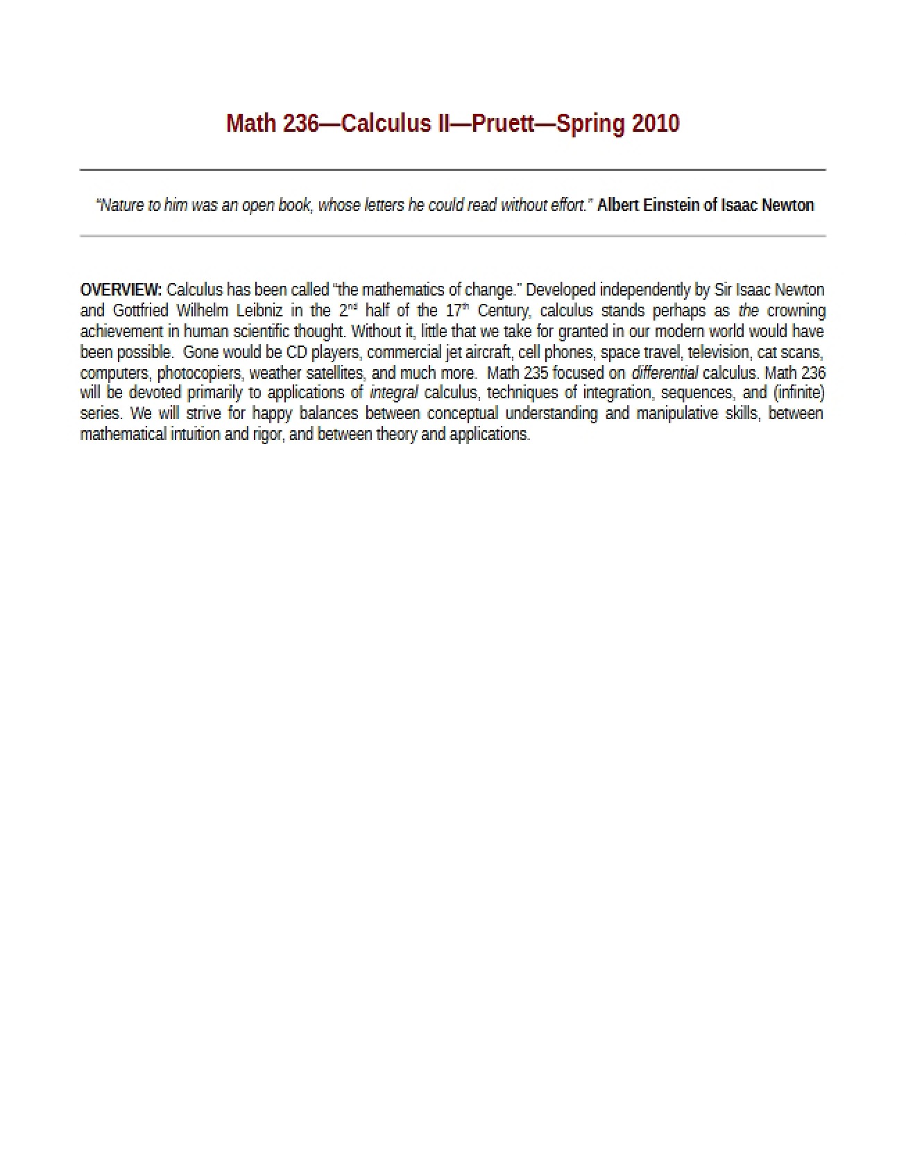 General Syllabus for a Calculus II Course