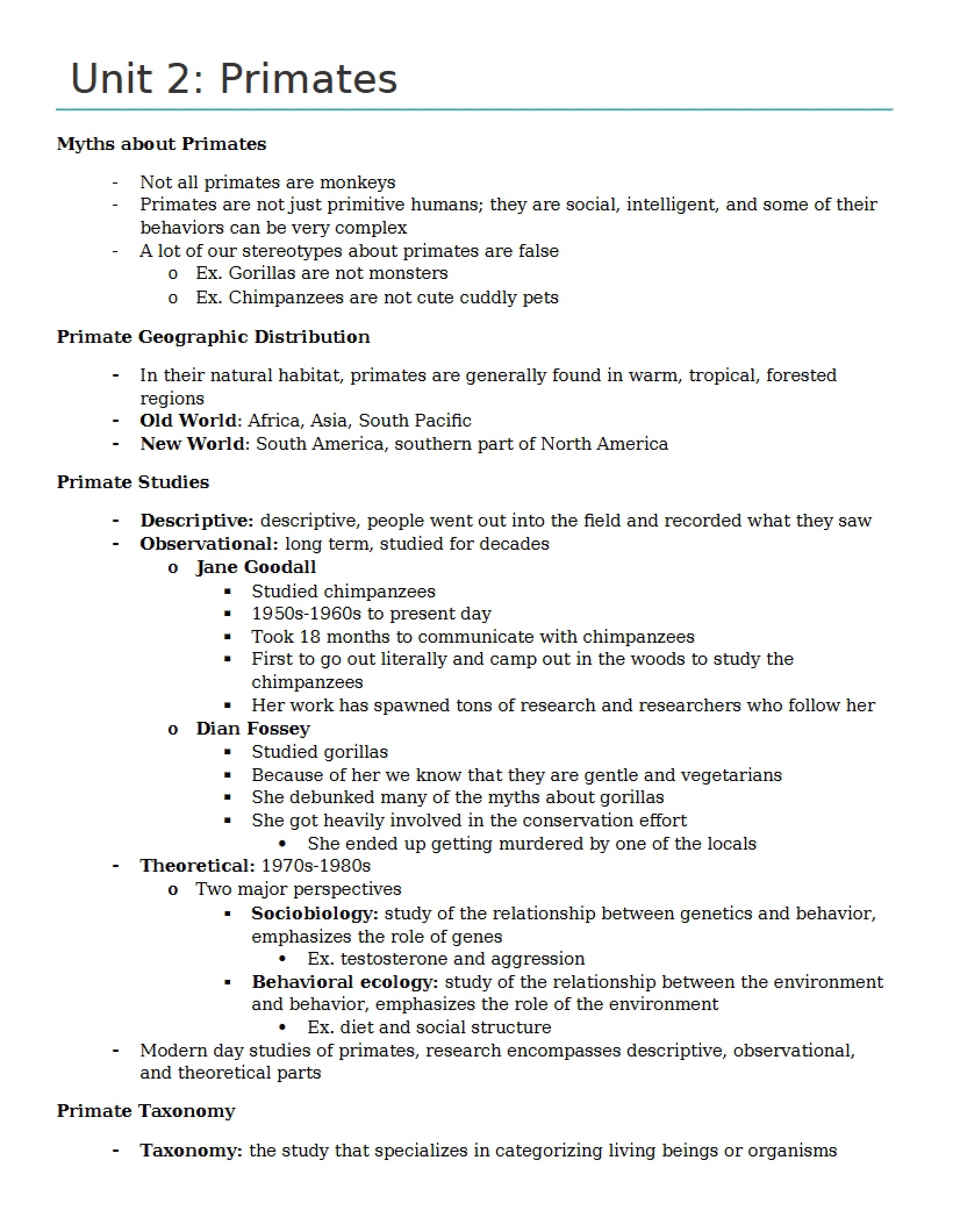 Primate Unit Notes