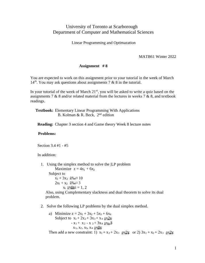 Winter 2022 Assignment 8 - Linear Programming and Optimization