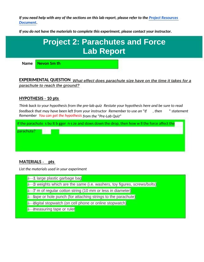 Effect of Parachute Size on Descent Time - Lab Report