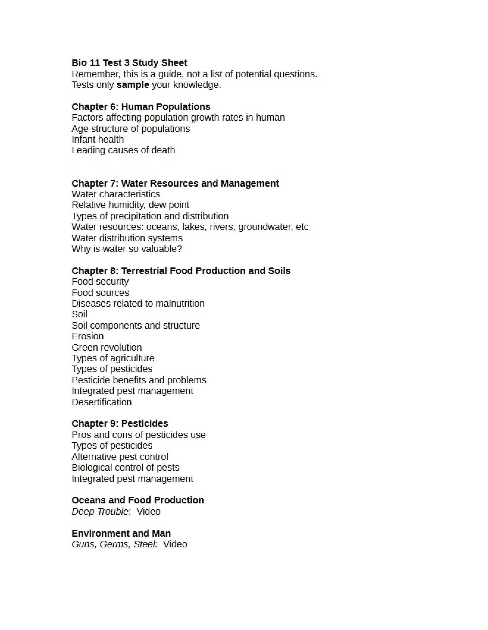 Environmental Problems Study Sheet