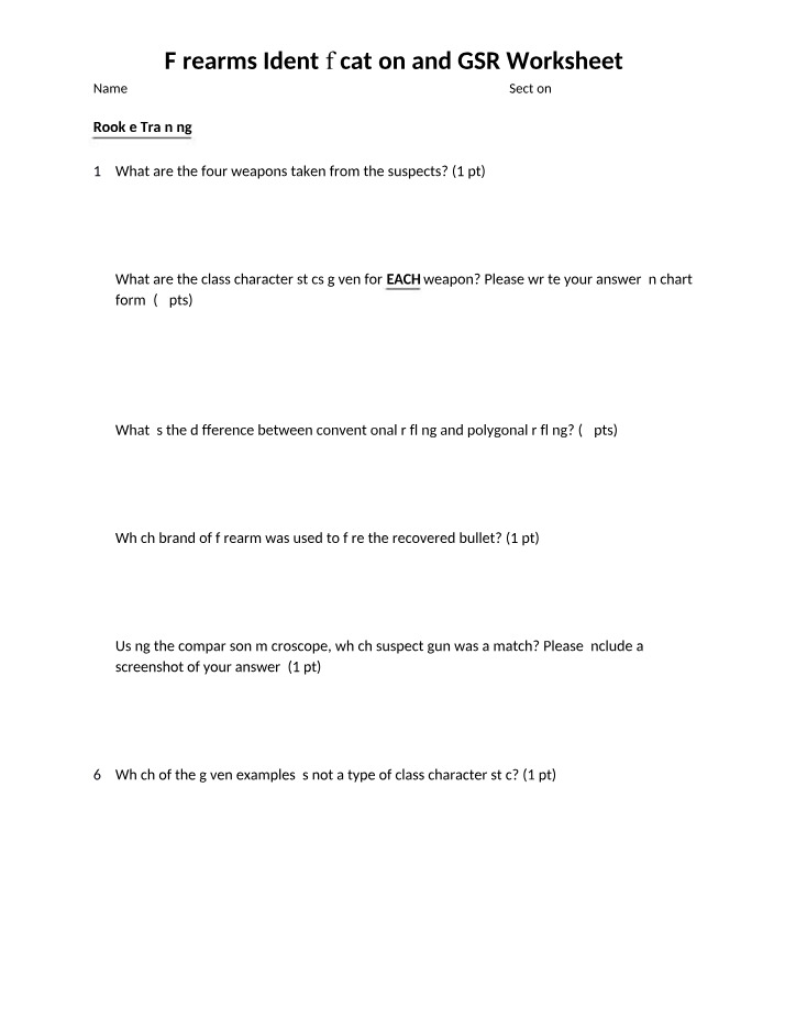 Worksheet - Firearms Identification and GSR