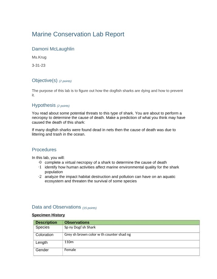Lab Report Findings on Threats to Dogfish Sharks