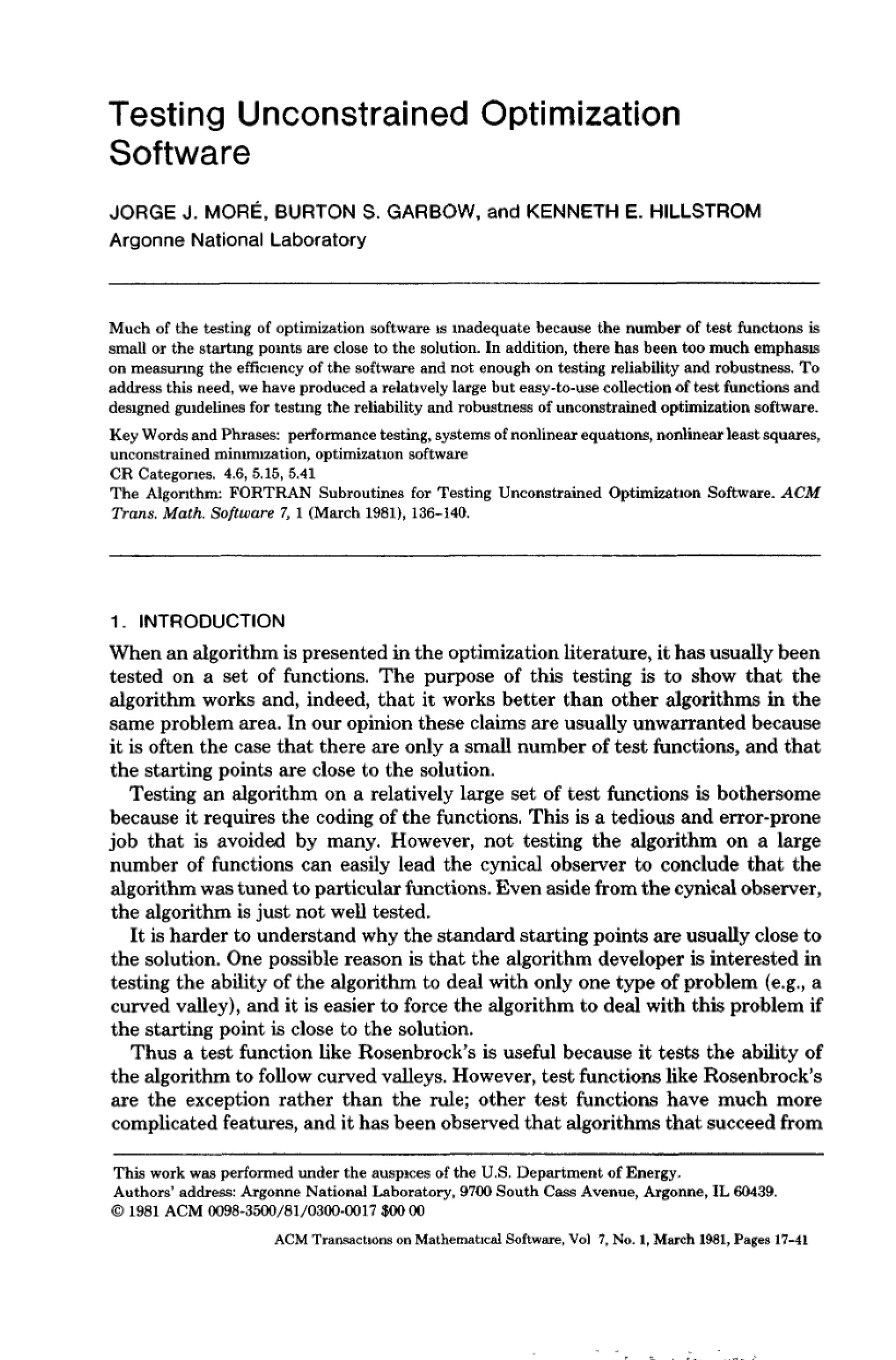 Unconstrained Optimization Software Testing