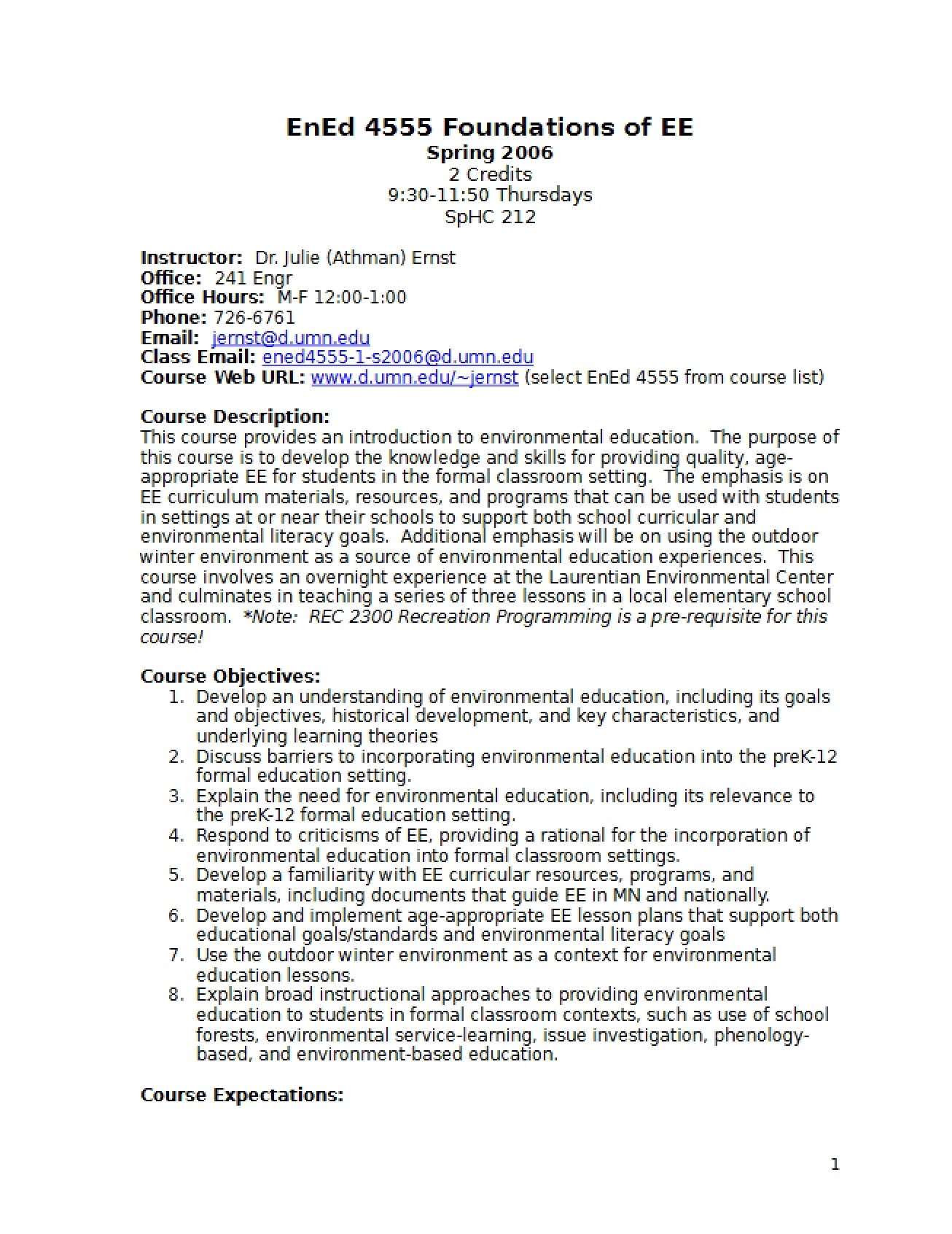 Syllabus for Environmental Education Foundations