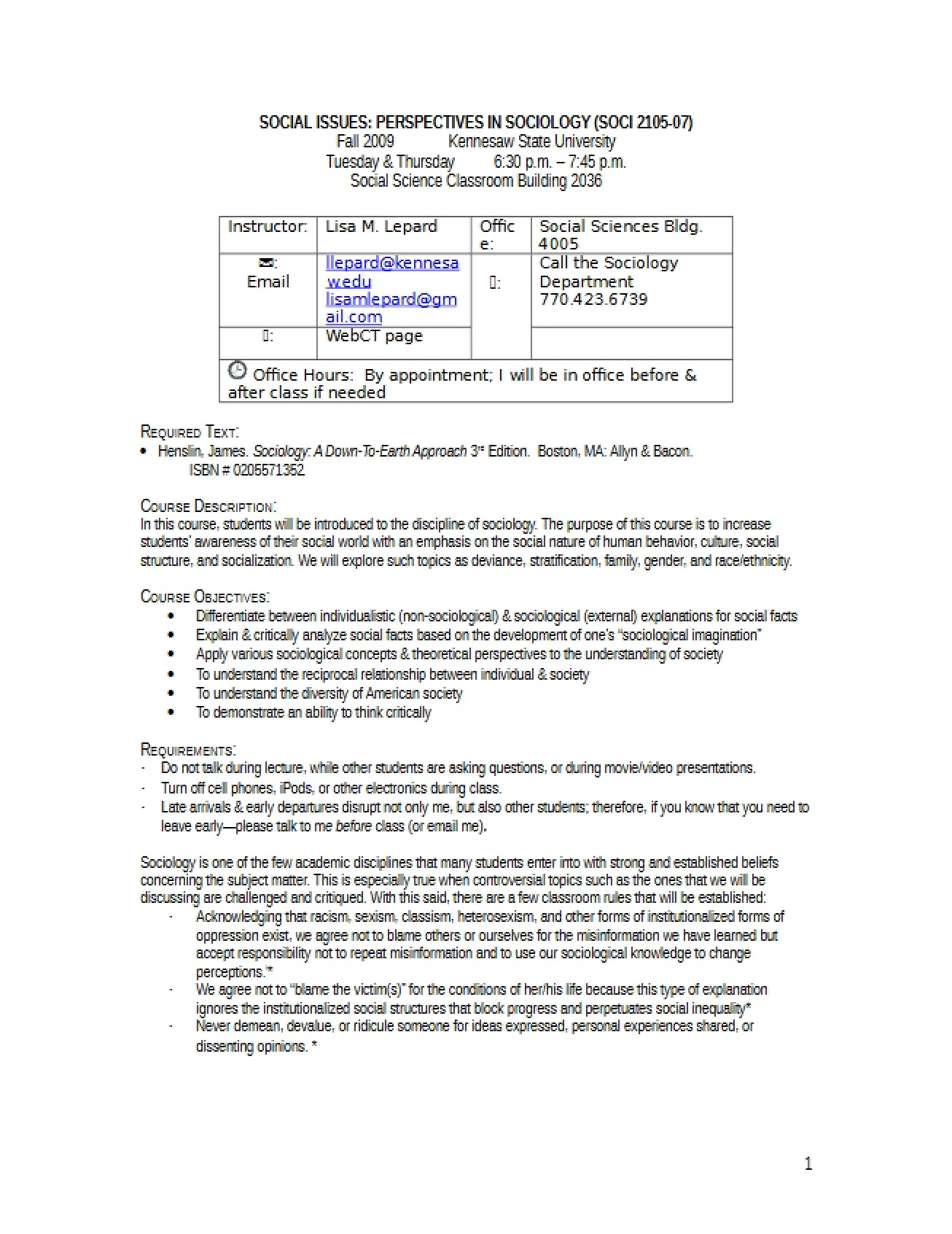 Course Requirements for Perspectives in Sociology