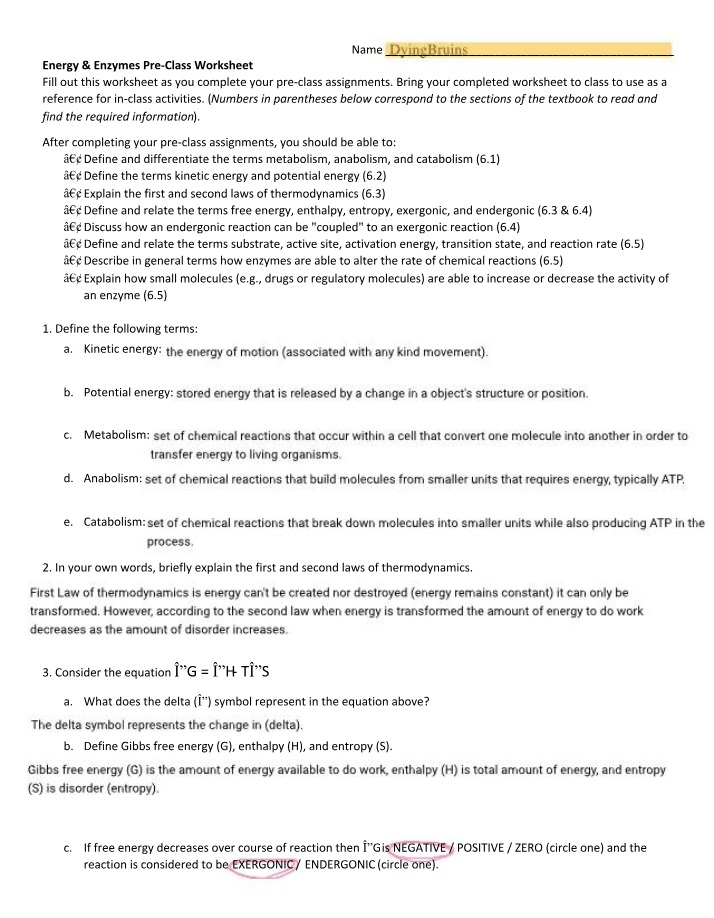 Pre-Class Worksheet for Energy and Enzymes