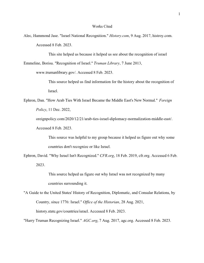 Works Cited - Recognition of Israel