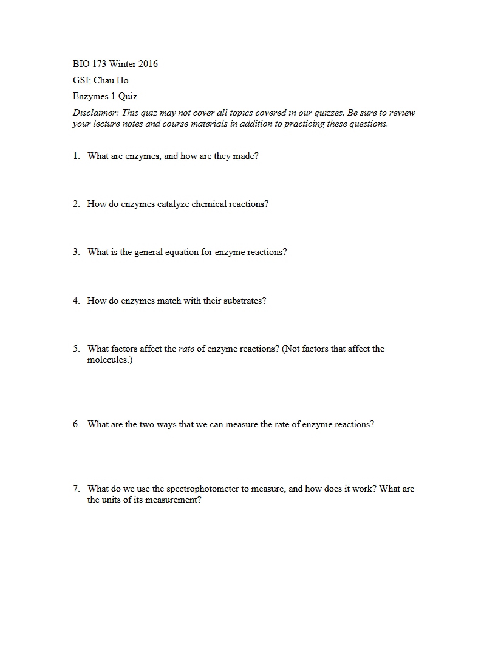 Enzyme Quiz 1 (Week 2 Winter 16)