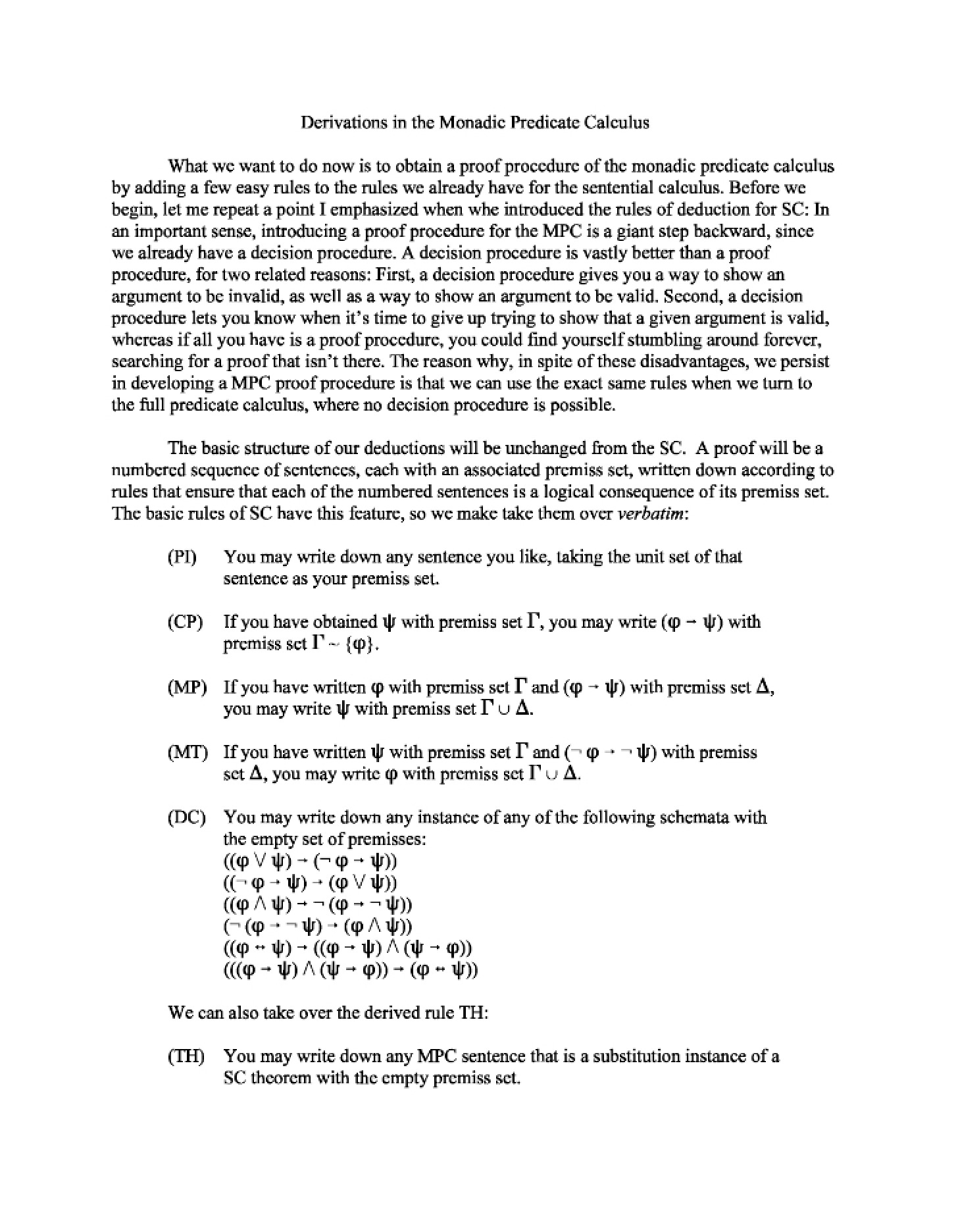 Monadic Predicate Calculus Derivations