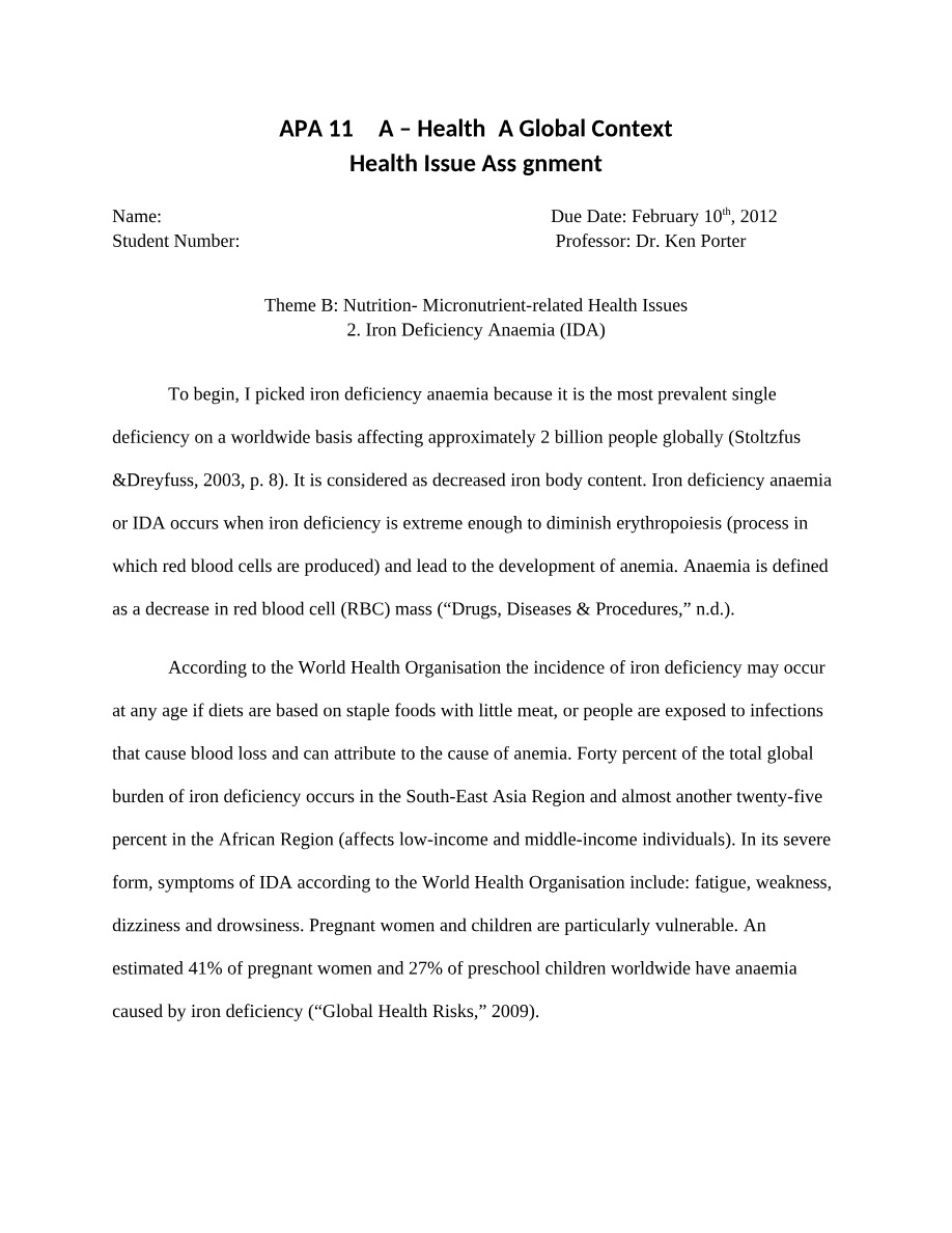 Health Issue Assignment - APA 1122A Health - A Global Context