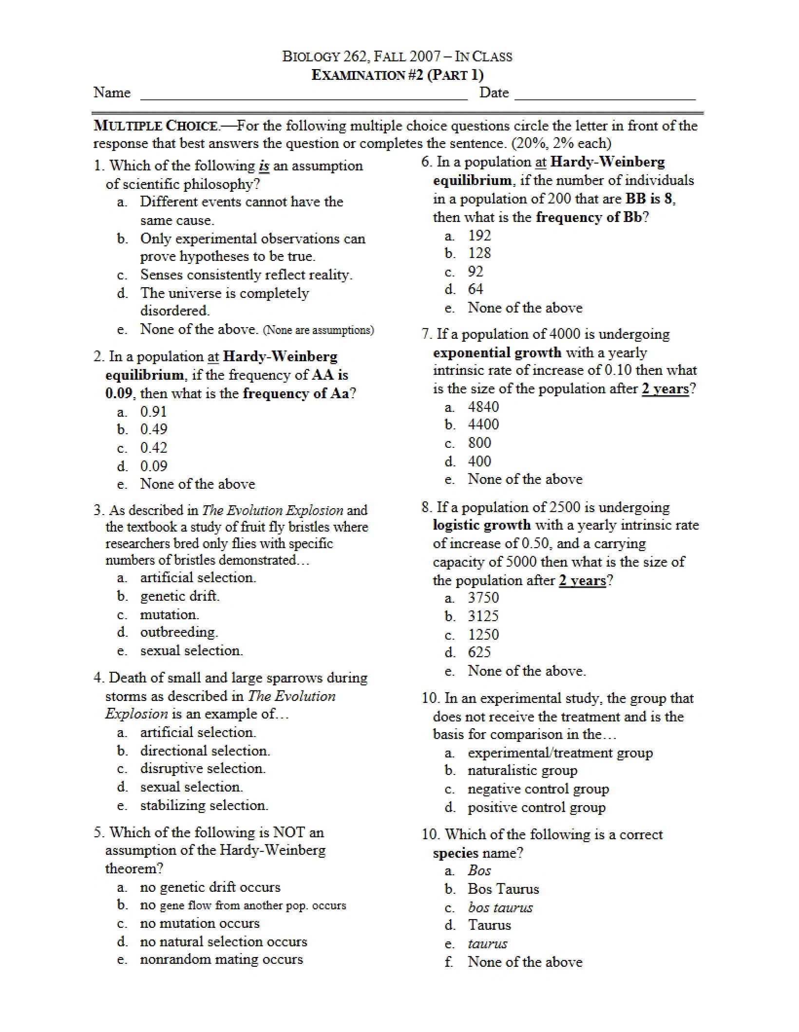 Examination for Principles of Biology (1)