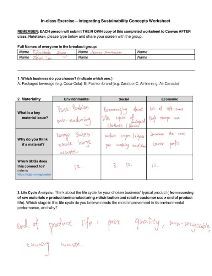 Worksheet - Integrating Sustainability Concepts