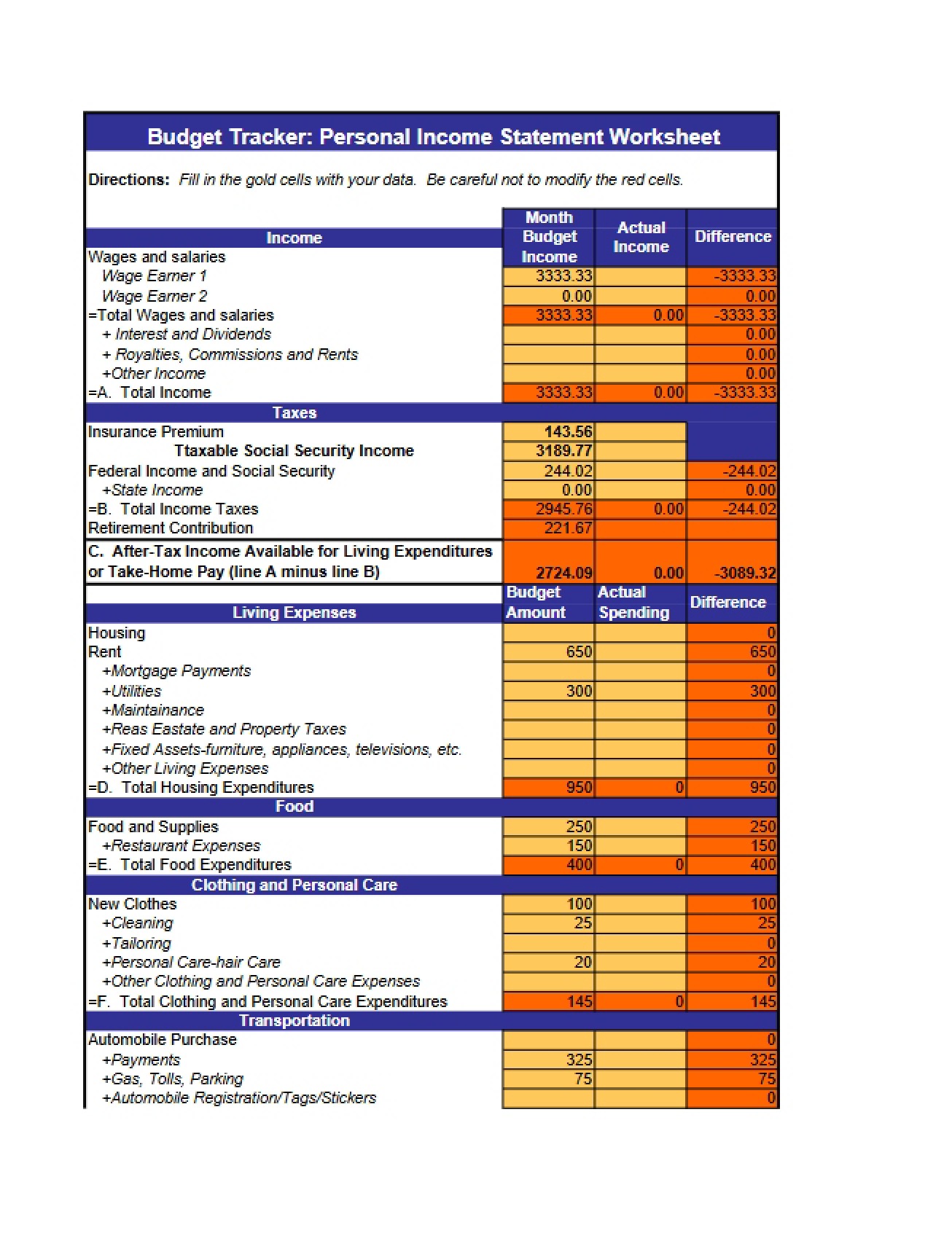 Worksheet for Personal Income Statements and Budget Tracking