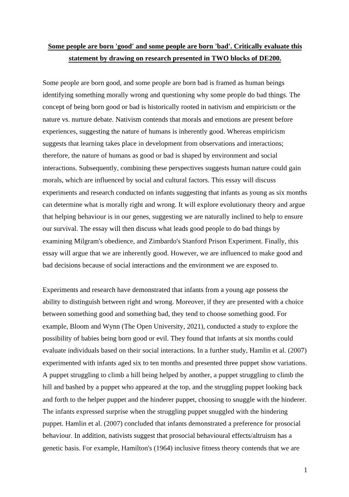 DE200 - Nature vs Nurture and Integrative Psychology