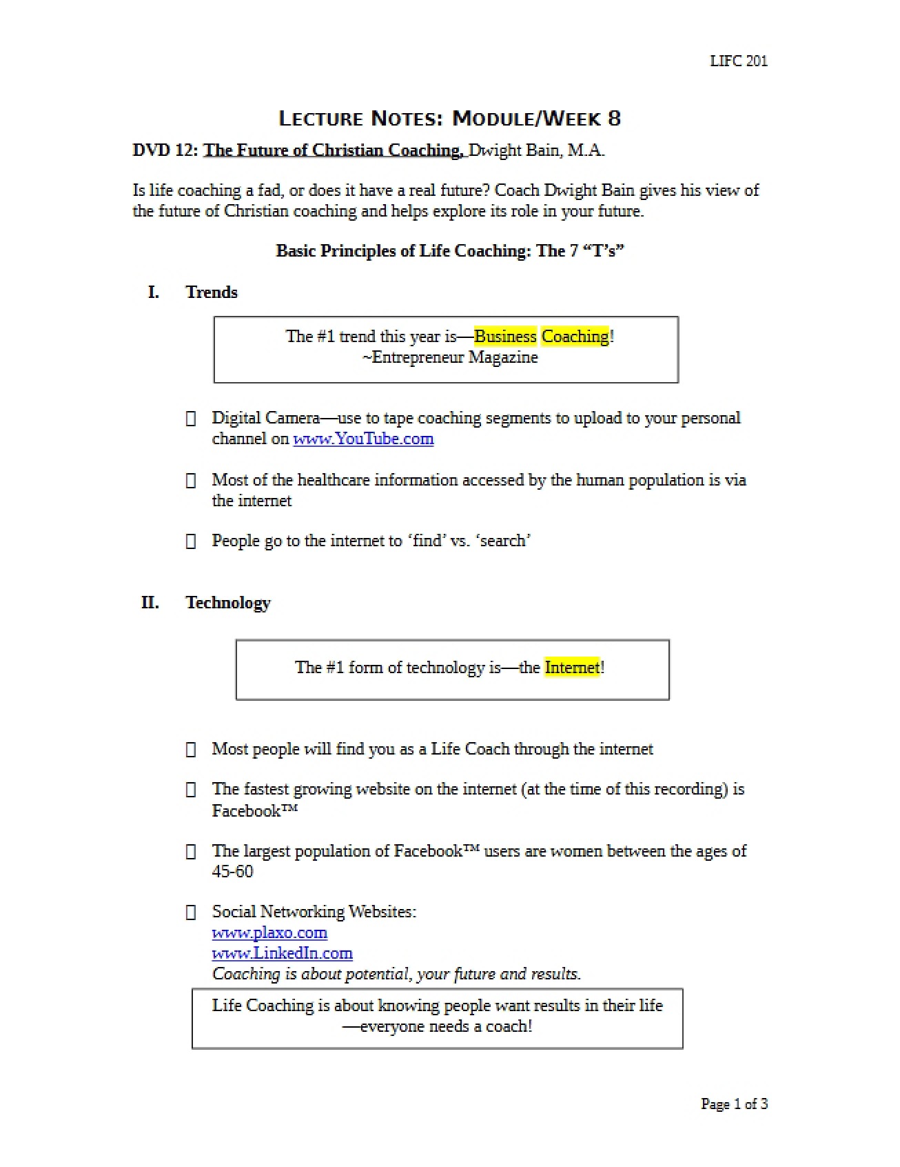 Eighth Week Lecture Notes for Life Coaching