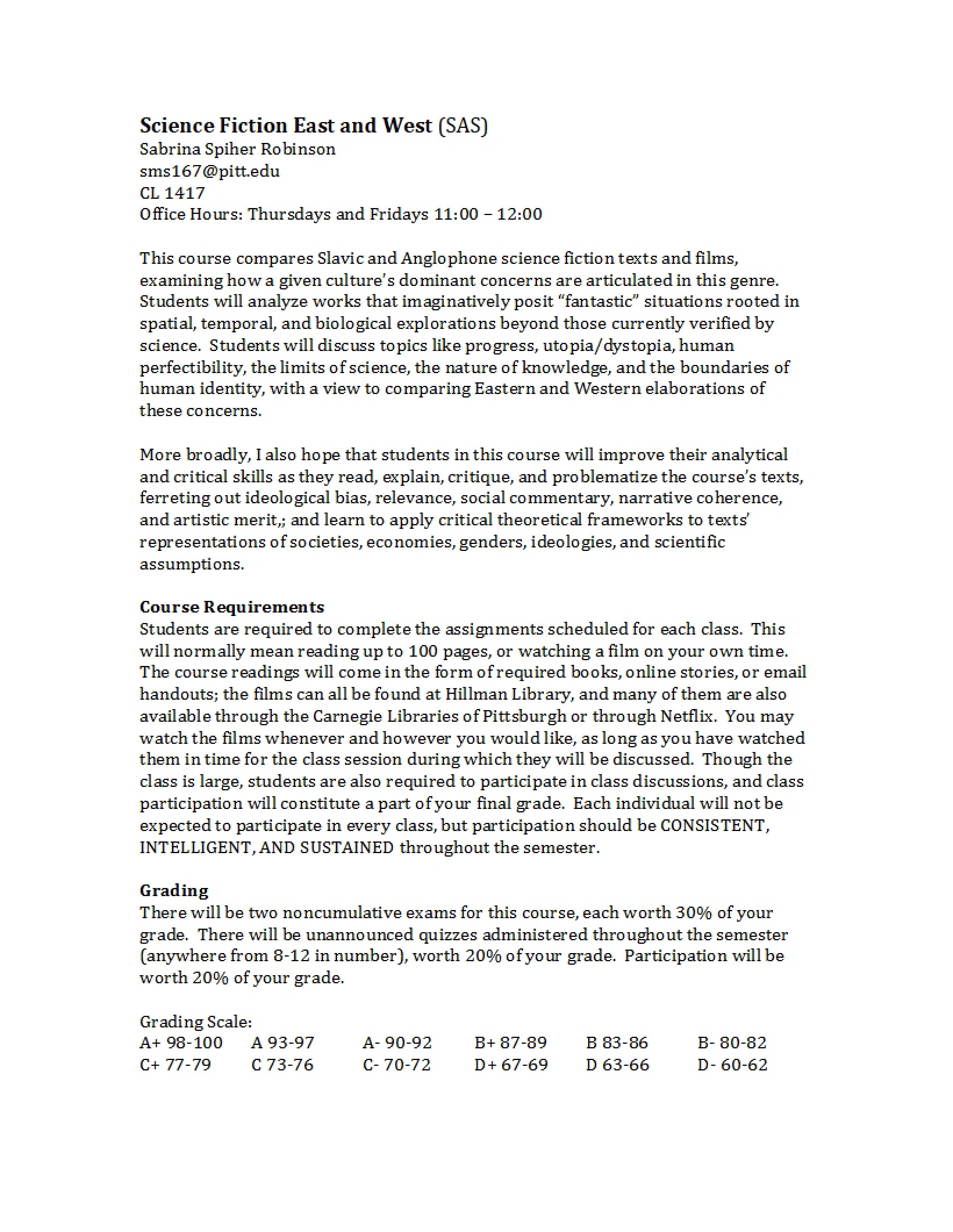 Sci-Fi East vs West Syllabus