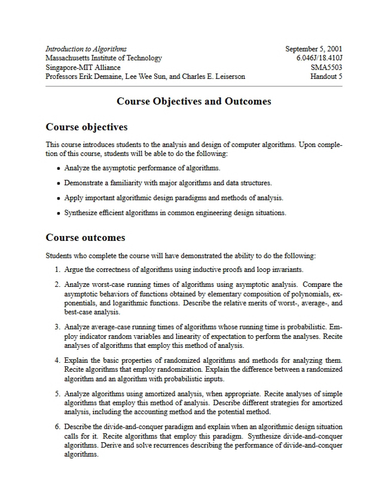 Outcomes and Objectives of Course
