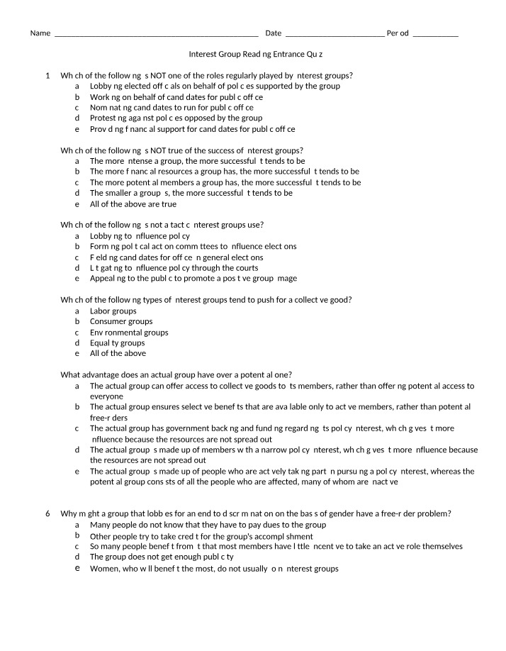Entrance Quiz for Interest Group Reading