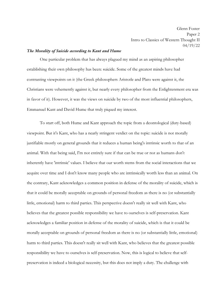 Kant and Hume Perspectives on the Morality of Suicide