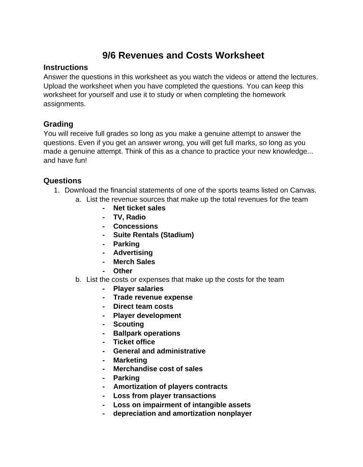 Worksheet on Revenues and Costs