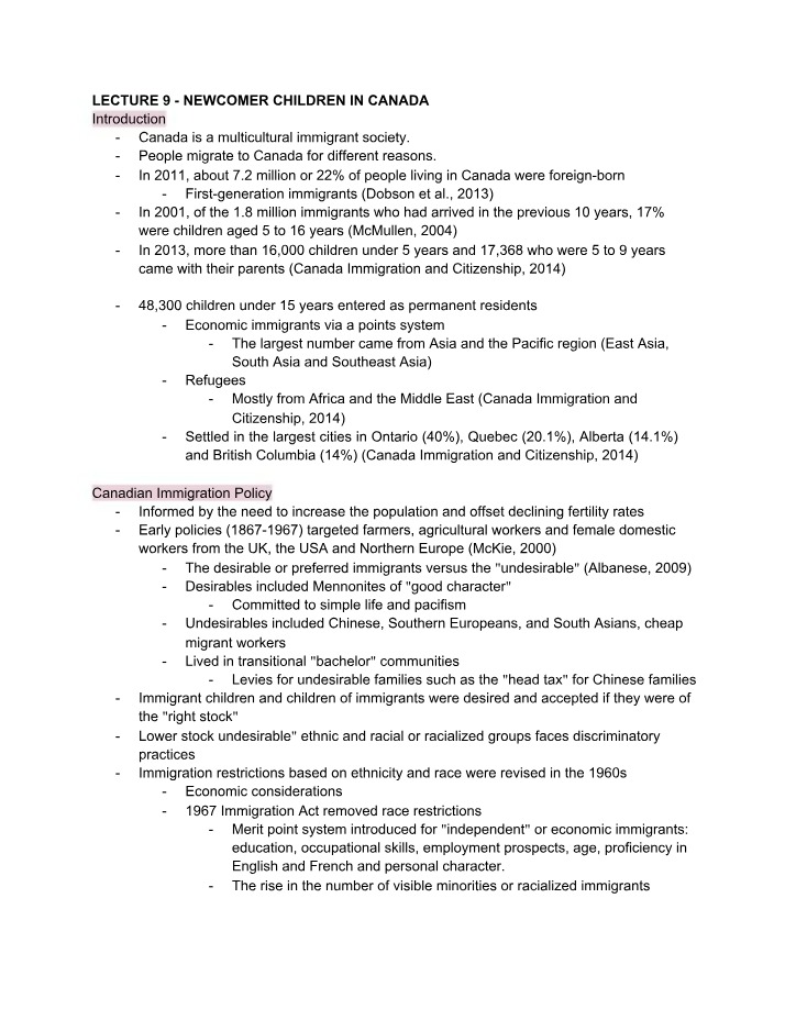 Newcomer Children in Canada - Lecture 9