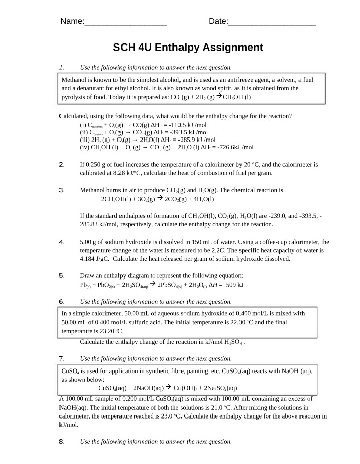 Enthalpy Assignment for SCH 4U