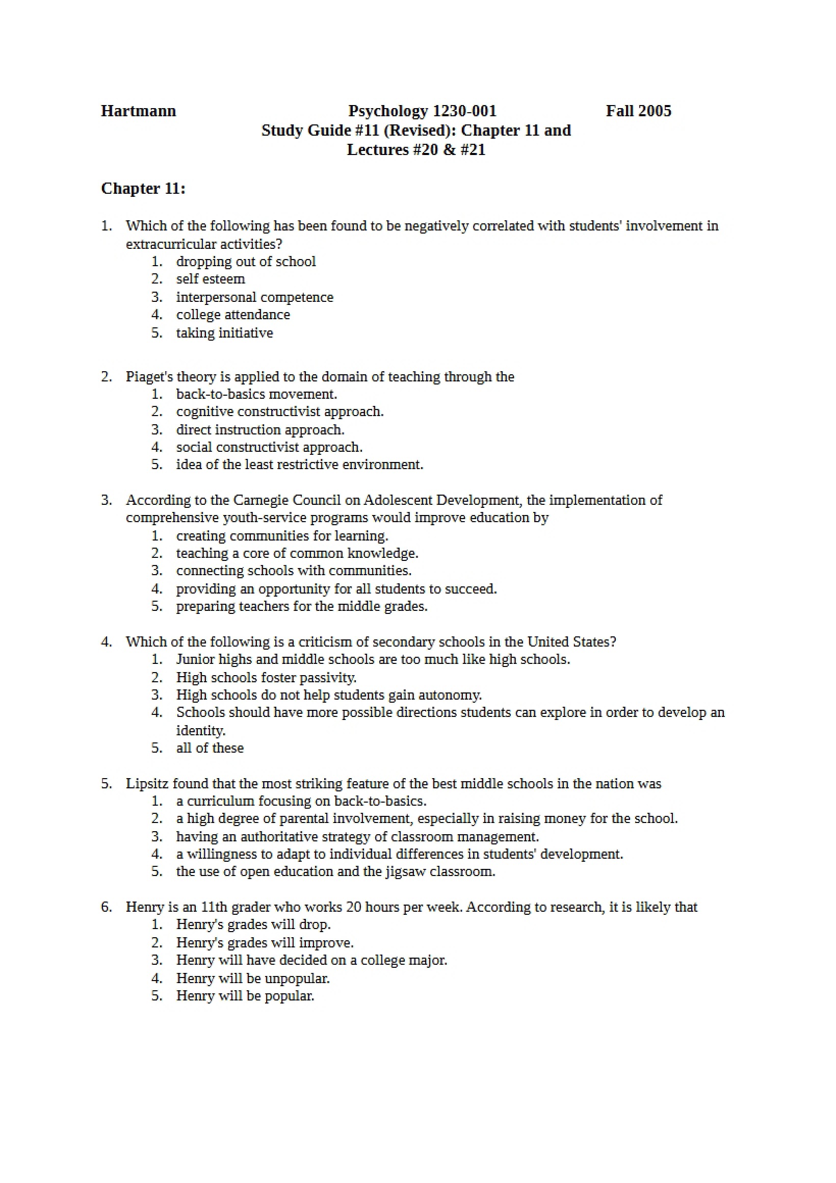 Study Guide Eleven Psychology 1230