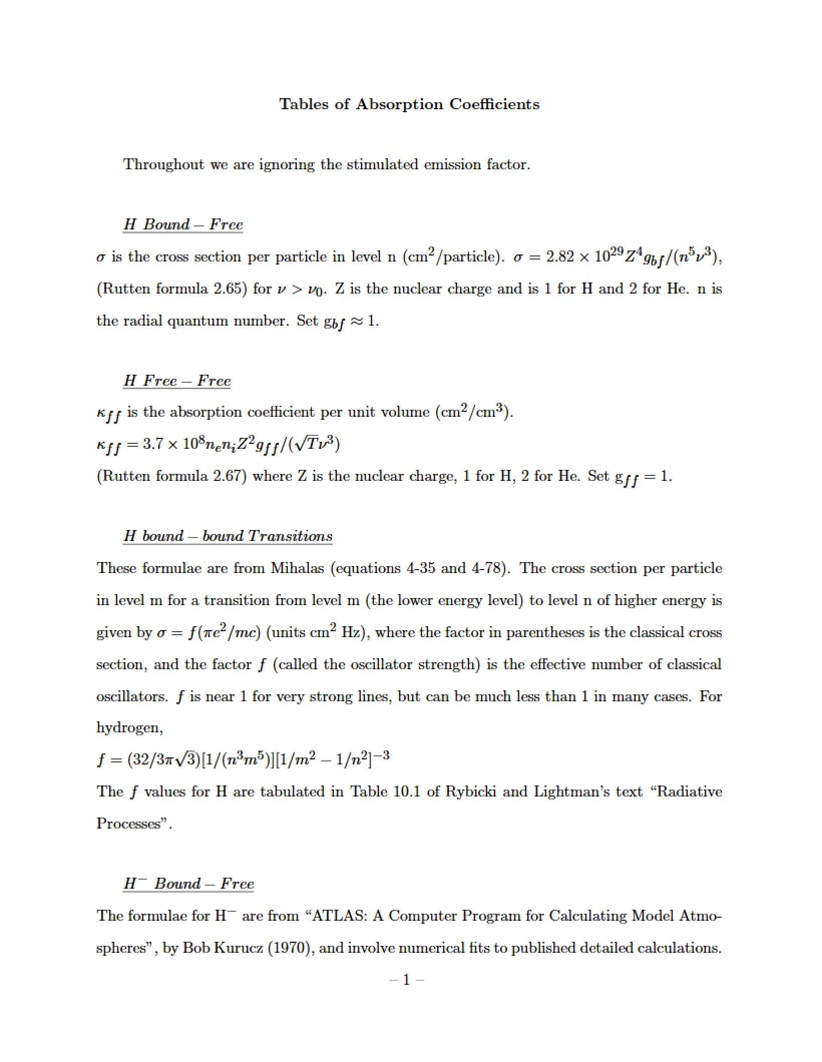 Absorption Coefficient Tables