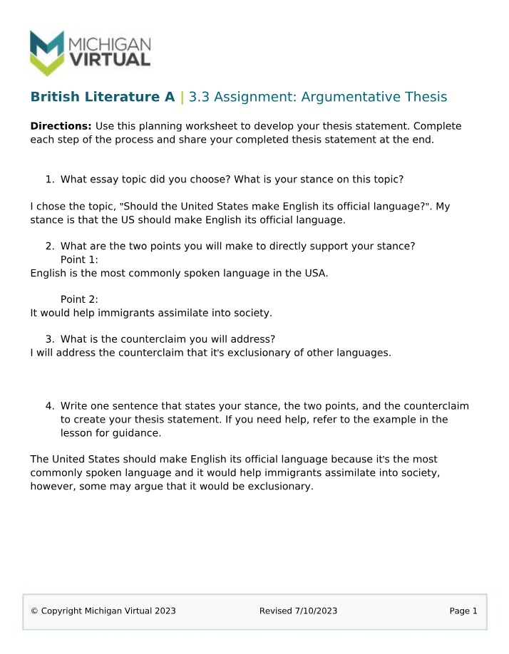 Worksheet for Argumentative Thesis Planning